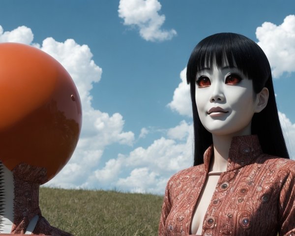 Futuristic Figures in Serene Landscape with Clouds