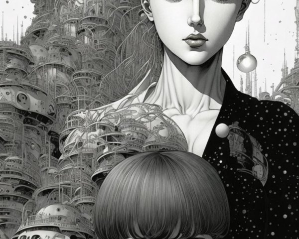 Stylized Figures in Futuristic Architectural Setting