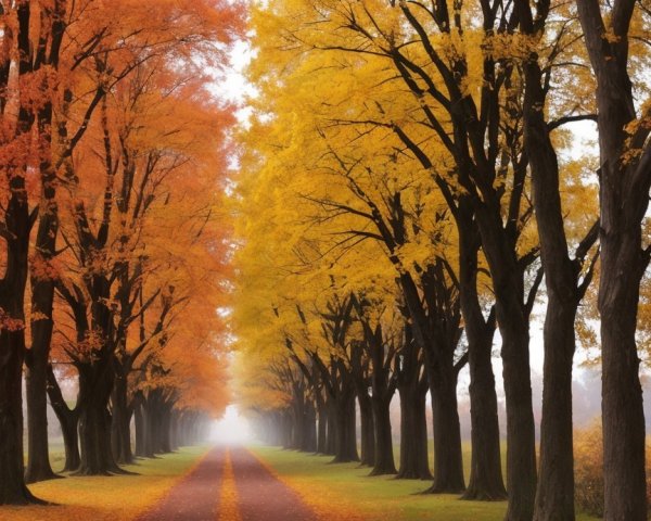 Serene Autumn Pathway with Vibrant Foliage and Fog