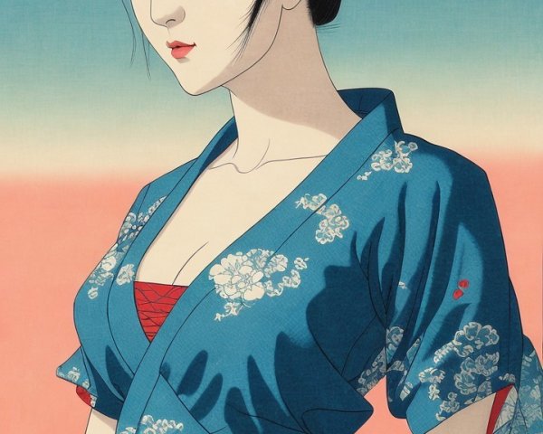 Traditional Japanese Woman in Floral Blue Kimono