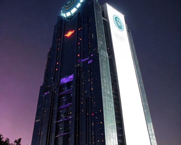 Modern Skyscraper with Neon Lights at Twilight