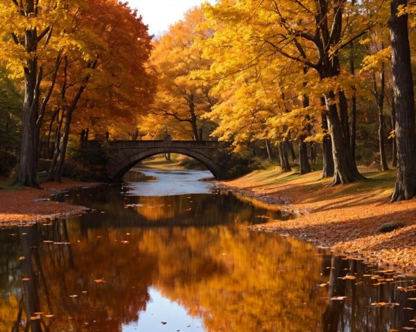 Autumn River Scene with Vibrant Trees and Bridge