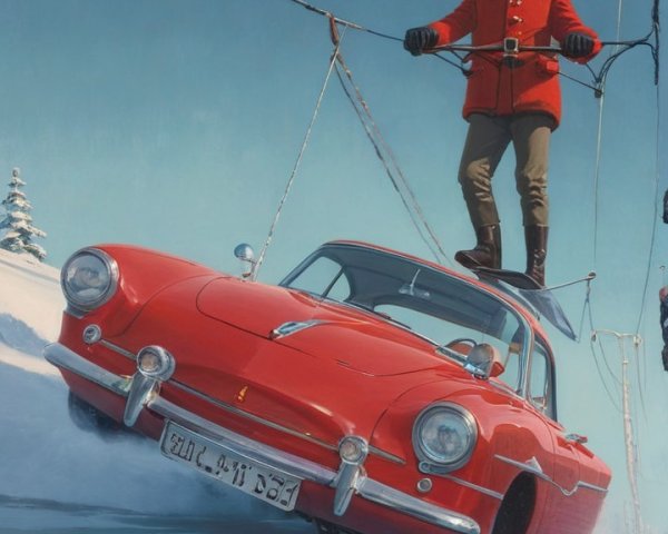 Vintage Red Car Balancing on Two Wheels in Snow