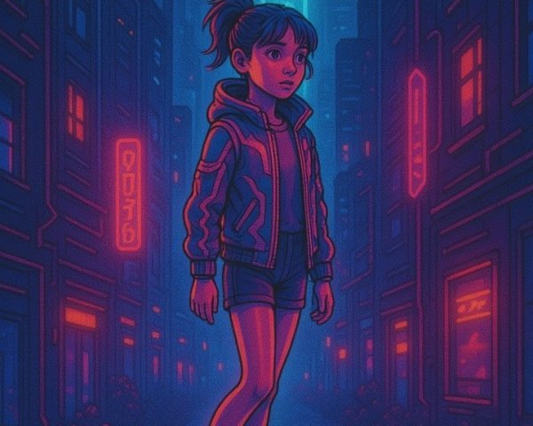 Neon-Lit Cityscape Featuring Confident Young Girl
