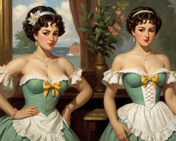 Elegant Women in Pastel Gowns with Lace and Bows