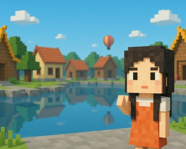 Pixelated Landscape with Girl by Serene Lake