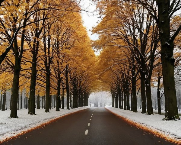 Autumn Roadway with Yellow Leaves and Snow Blanket