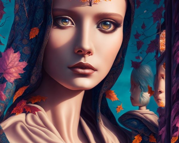 Mysterious Figure in Ornate Garment Against Blue Background