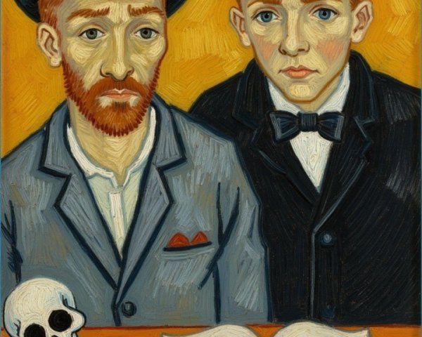 Two Men at Table with Book and Skeleton Figure