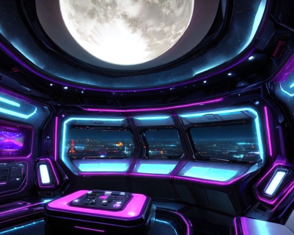 Futuristic spaceship interior with neon lights and moon skylight