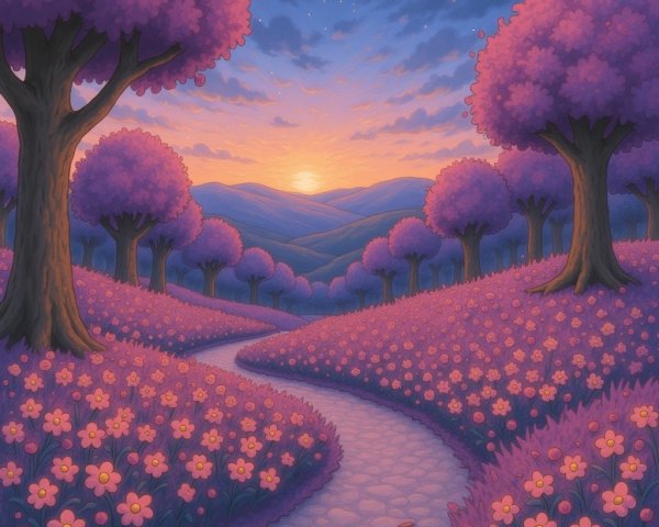 Twilight Landscape with Purple Trees and Sunset Glow