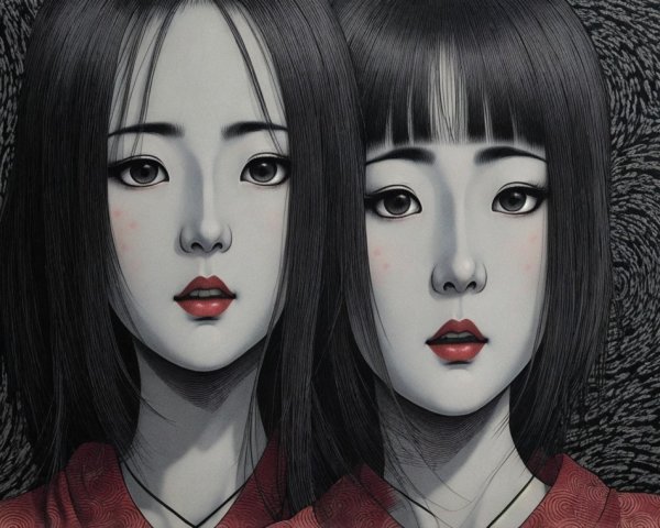 Ethereal Figures in Red Garments Against Dark Background
