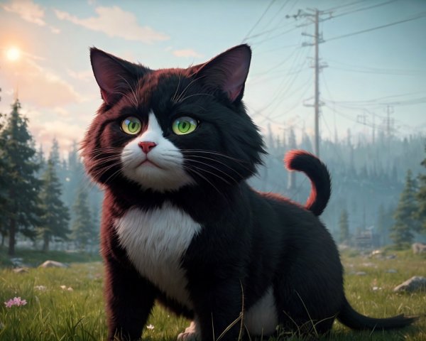 Fluffy Black and White Cat in a Green Field