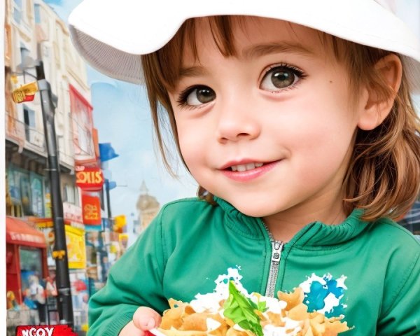 Cartoon girl with noodles against a cityscape background