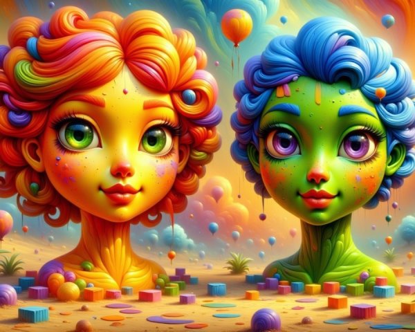 Colorful Whimsical Characters in Surreal Landscape