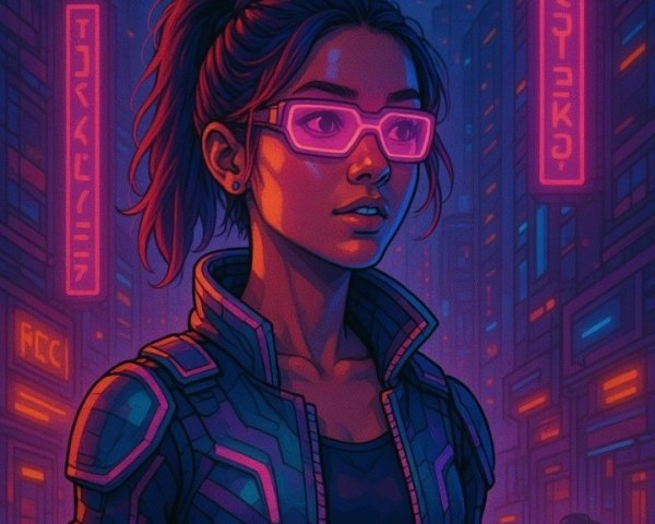 Futuristic Cityscape with Young Woman in Neon Lights