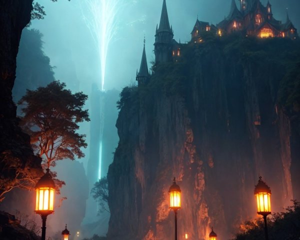 Mystical Landscape with Cliff and Castle at Night