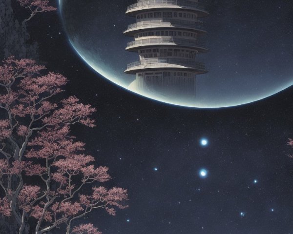 Surreal Landscape with Pagoda and Starry Night Sky