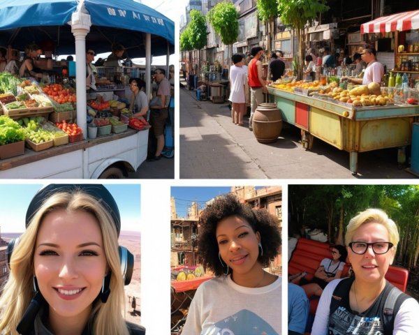 Vibrant Marketplace with Colorful Stalls and Shoppers