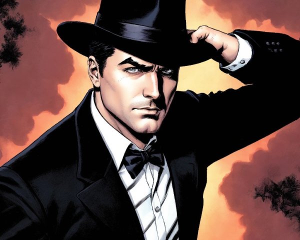 Suave Man in Tuxedo Against Dramatic Background