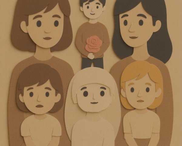 Cut-out paper scene with five characters and rose
