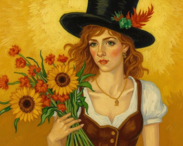 Woman with Red Hair in Black Hat Holding Flowers