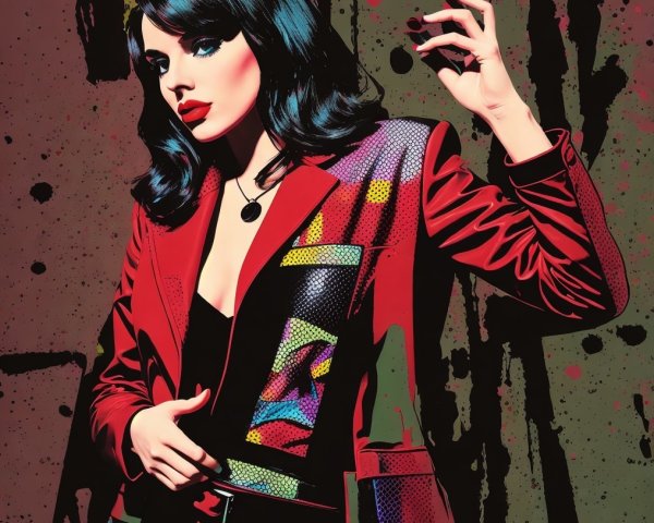 Stylish figure in red suit jacket with bold makeup