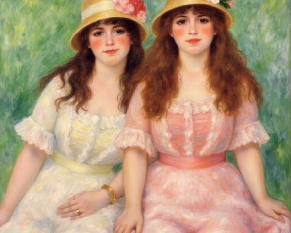 Young Women in Pastel Dresses with Floral Hats