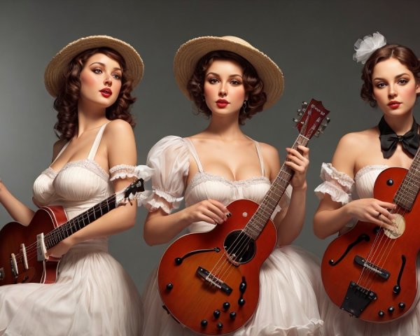 Elegant women in vintage dresses with guitars