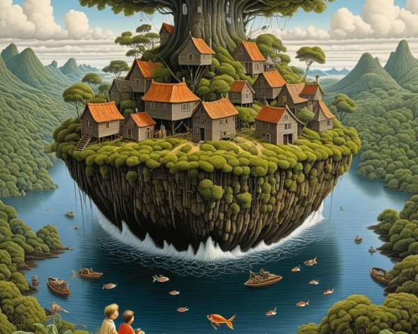 Whimsical Floating Island with Lush Tree and Children