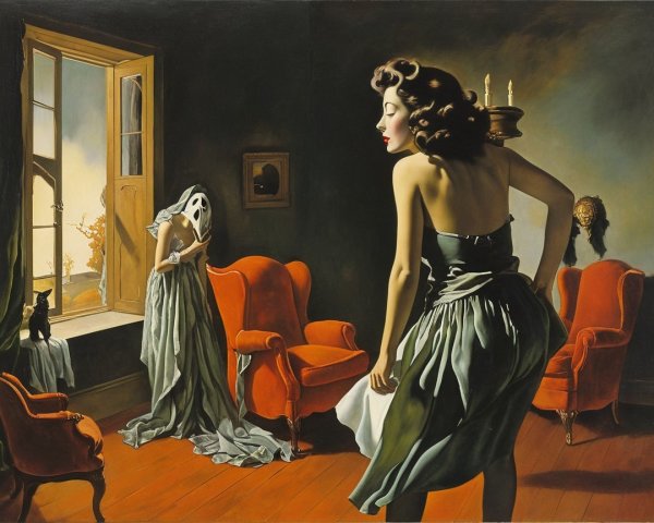 Elegant Women in a Dimly Lit Room with Surreal Elements