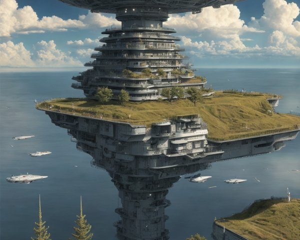 Futuristic Floating Structure Over Serene Waters