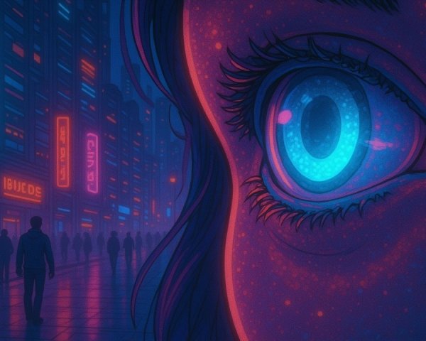 Close-up of a vibrant digitally illustrated eye with cityscape