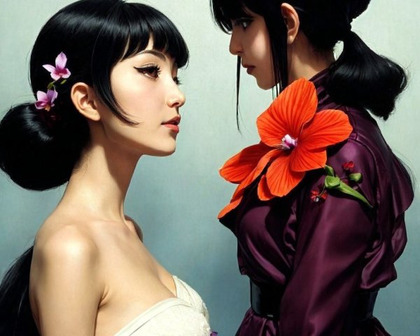 Elegant Women in Contrasting Fashion Styles and Flowers