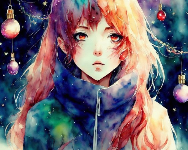 Watercolor Painting of Anime Girl with Festive Elements