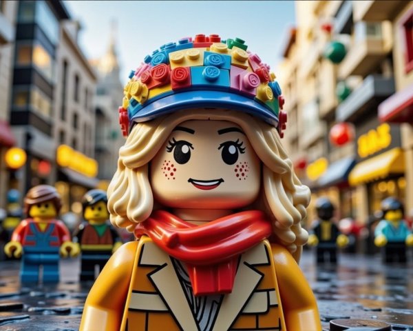 Cheerful LEGO Figure in Vibrant City Street Scene