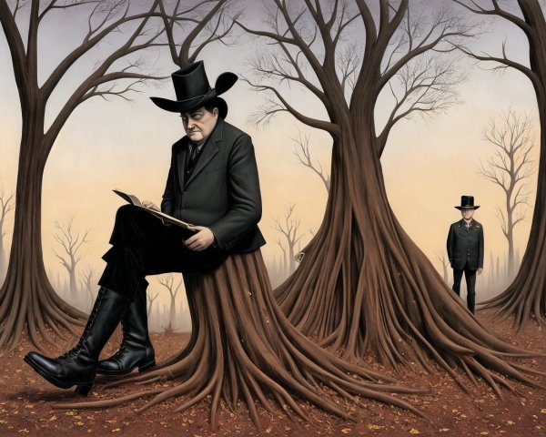 Surreal Scene of a Man Writing in a Barren Landscape