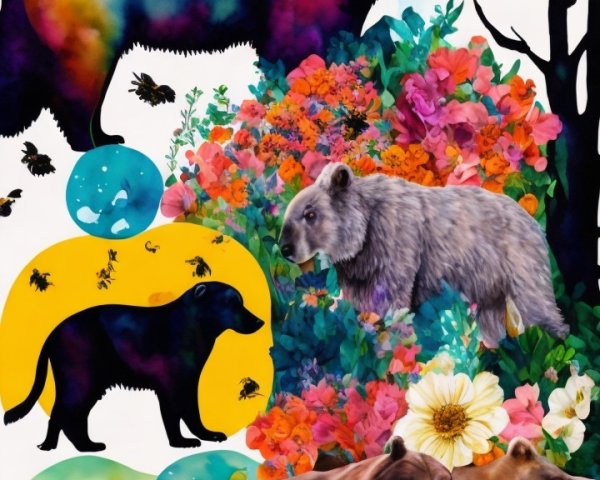 Vibrant Painting of Bears in a Colorful Forest Scene