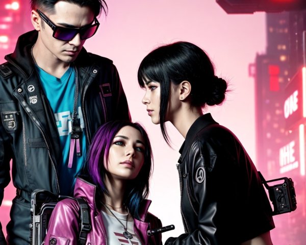 Futuristic Cyberpunk Characters in Neon Urban Setting
