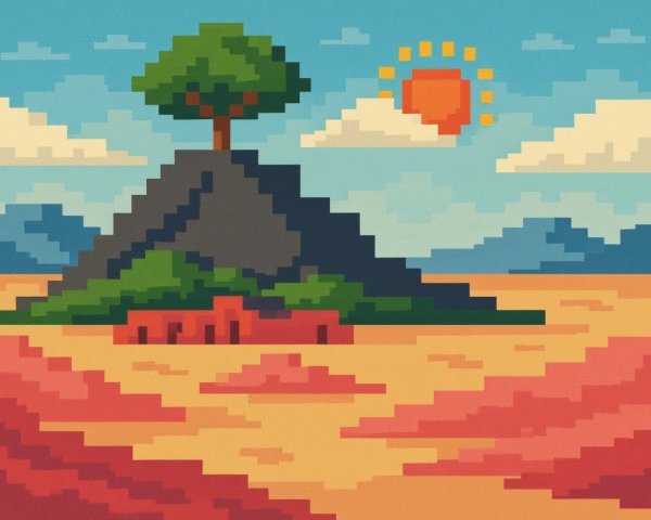 Pixel Art Landscape with Mountain and Tree Details