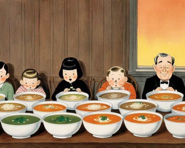 Cartoon-style characters at a wooden table with soup