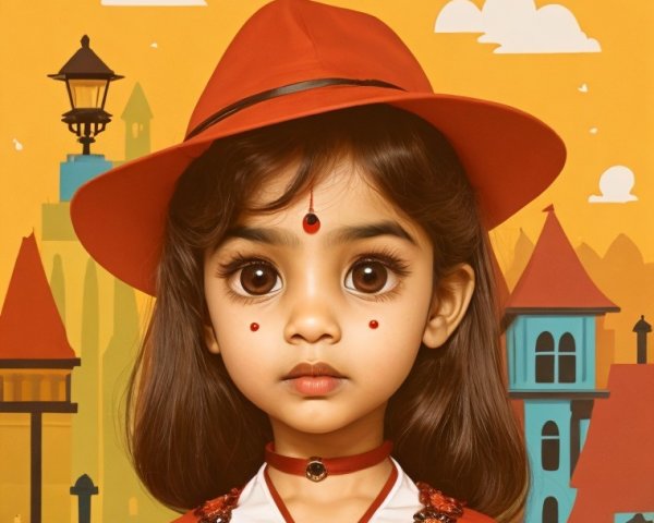 Young girl in orange dress with whimsical background