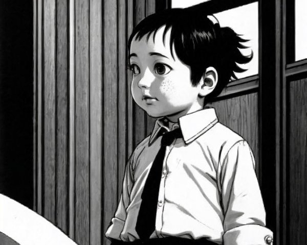 Young Boy in Dimly Lit Room with Pensive Expression