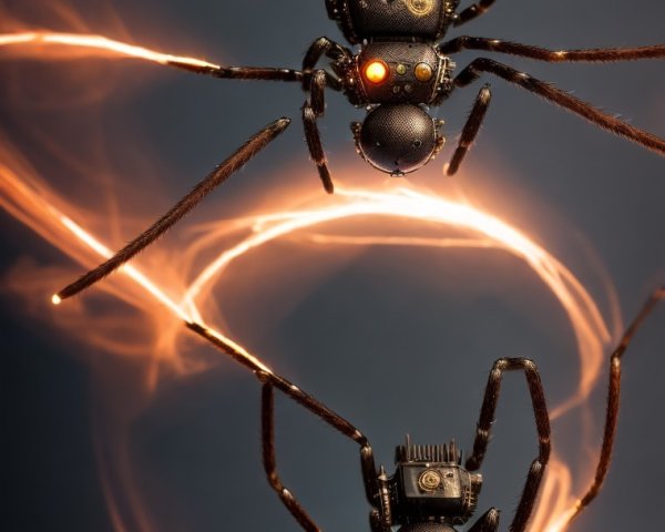 Futuristic Scene of Robotic Spiders with Light Trails