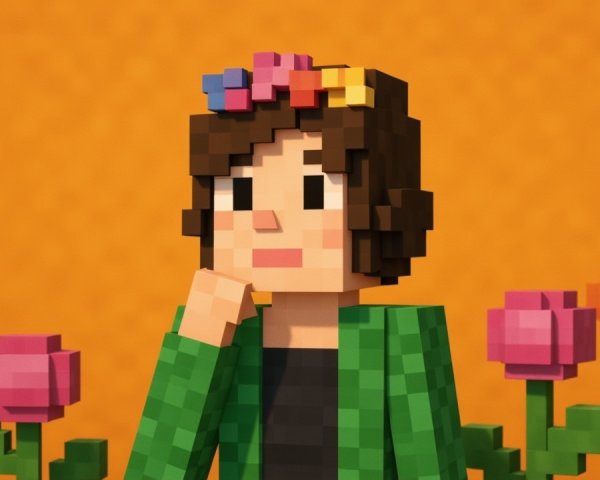 Pixelated Character with Floral Crown on Orange Background