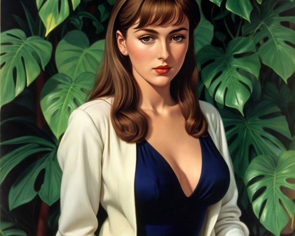Elegant Woman in Blue Top Surrounded by Greenery