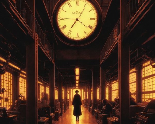 Dimly Lit Old Factory with Assembly Line and Clock