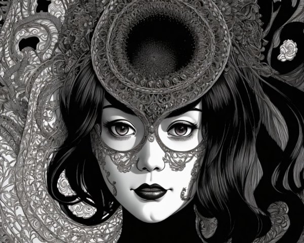 Black-and-white illustration of a woman with patterns