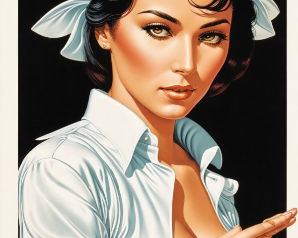 Elegant portrait of a woman in white shirt and bow