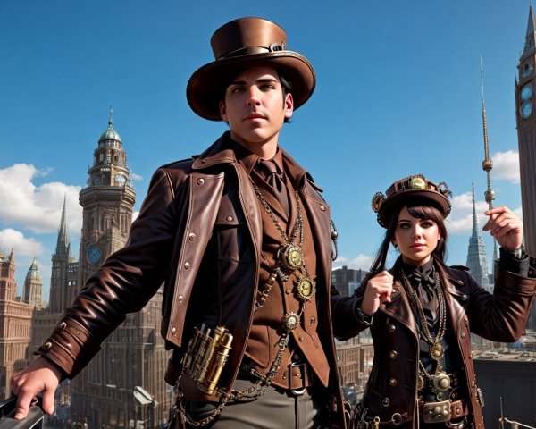 steampunk dress with corset details and goggles, set in a vintage cityscape.